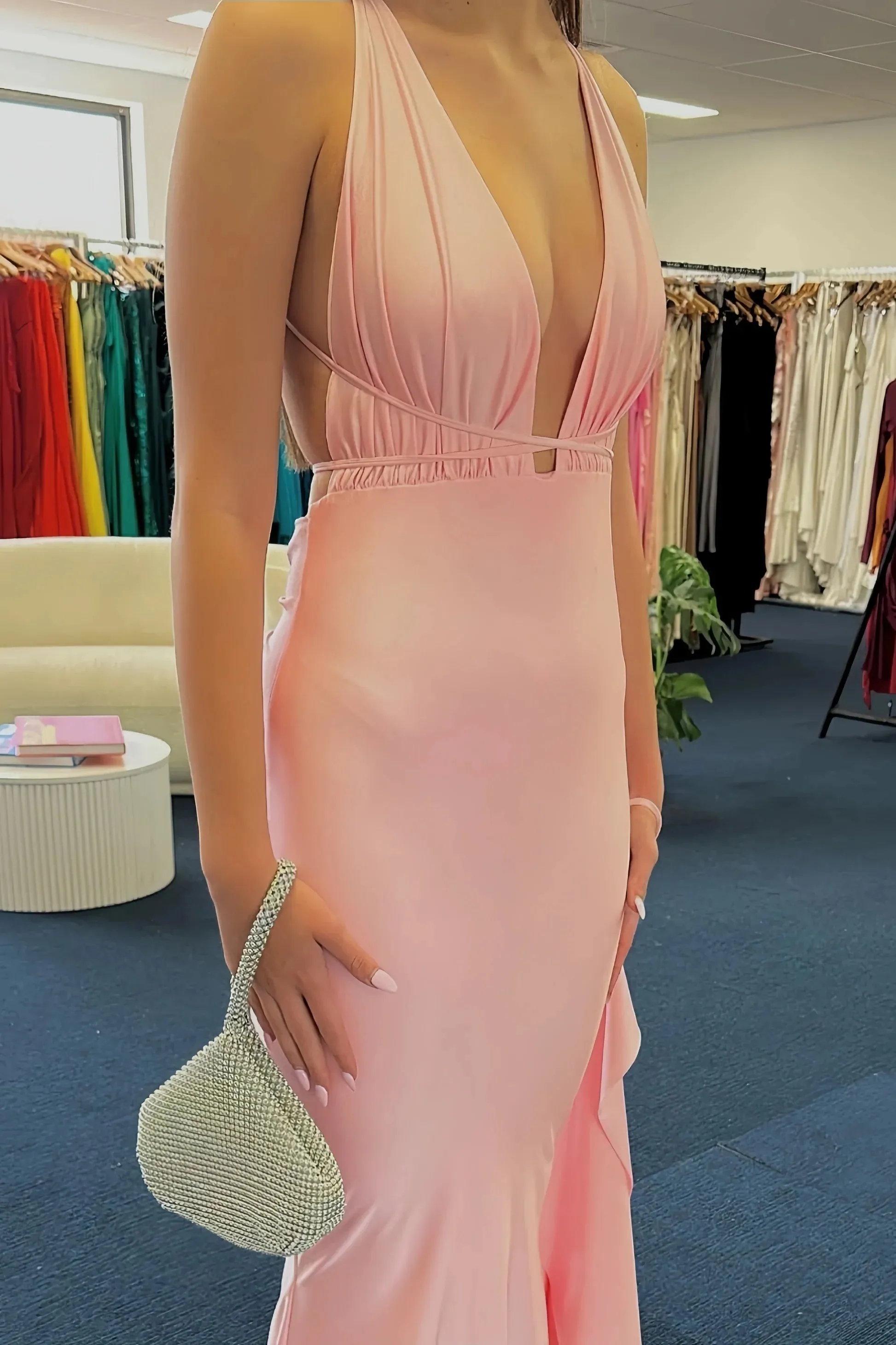 Helaina | Plunge Neck Light Pink Mermaid Satin Long Prom Dress sold by KissProm product image thumbnail 5