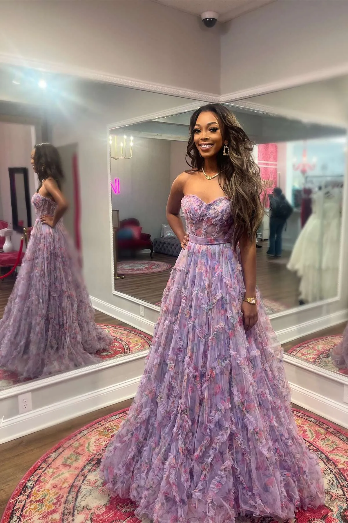 A-Line Sweetheart Purple Floral Print Ruffle Long Prom Dress sold by KissProm