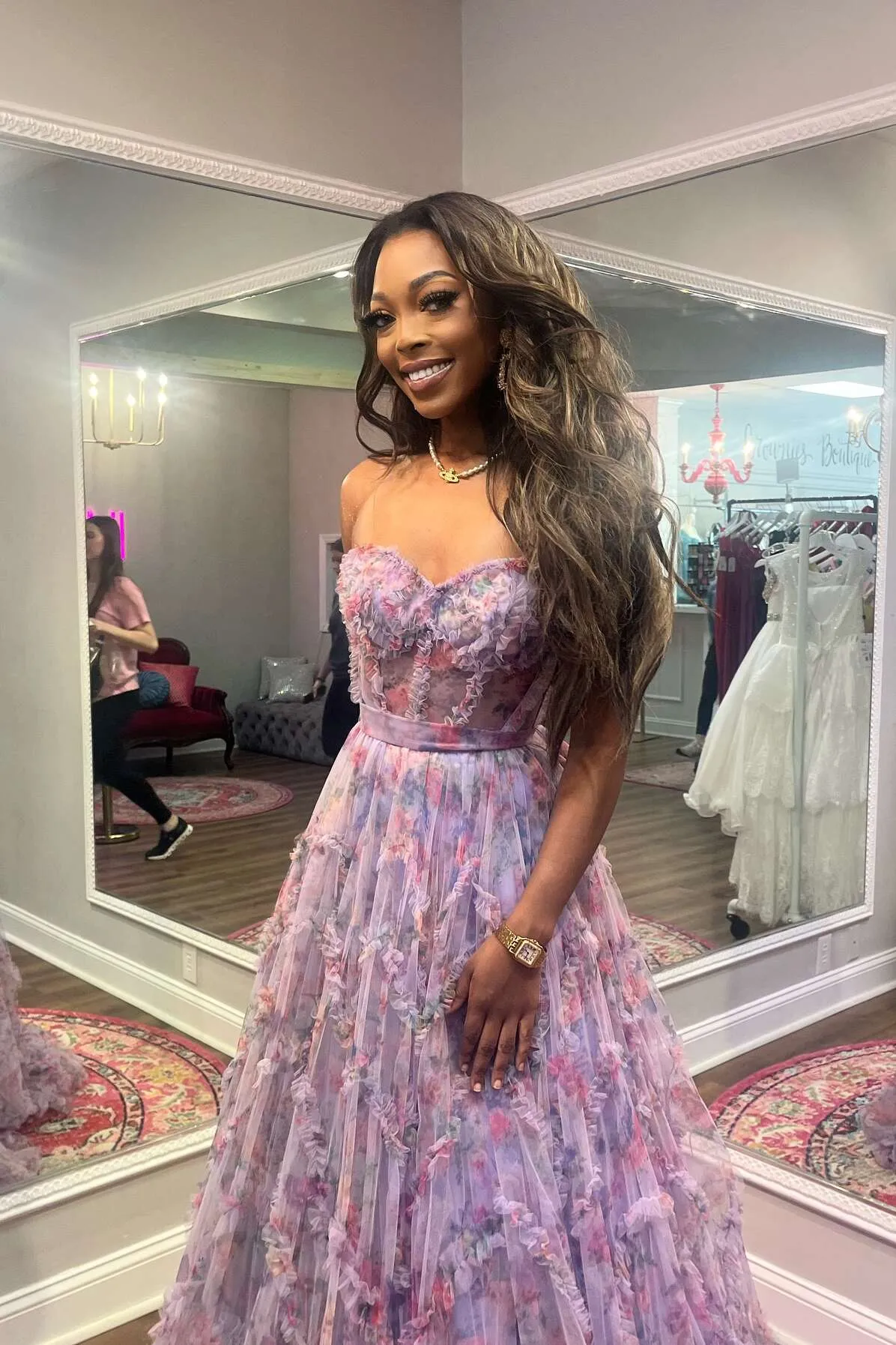 A-Line Sweetheart Purple Floral Print Ruffle Long Prom Dress sold by KissProm product image thumbnail 2