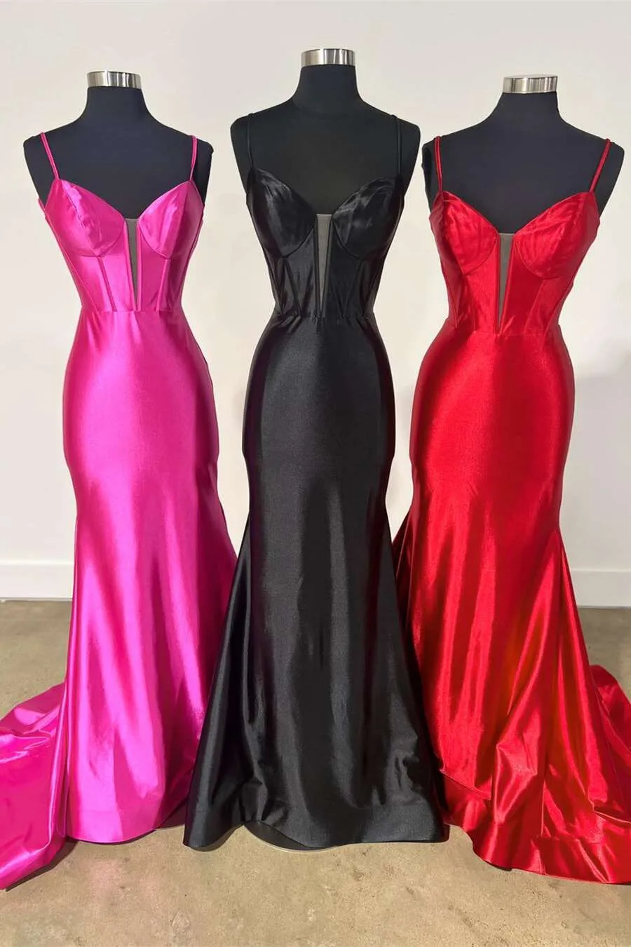 Elori | Plunge Neck Black Satin Mermaid Long Prom Dress sold by KissProm