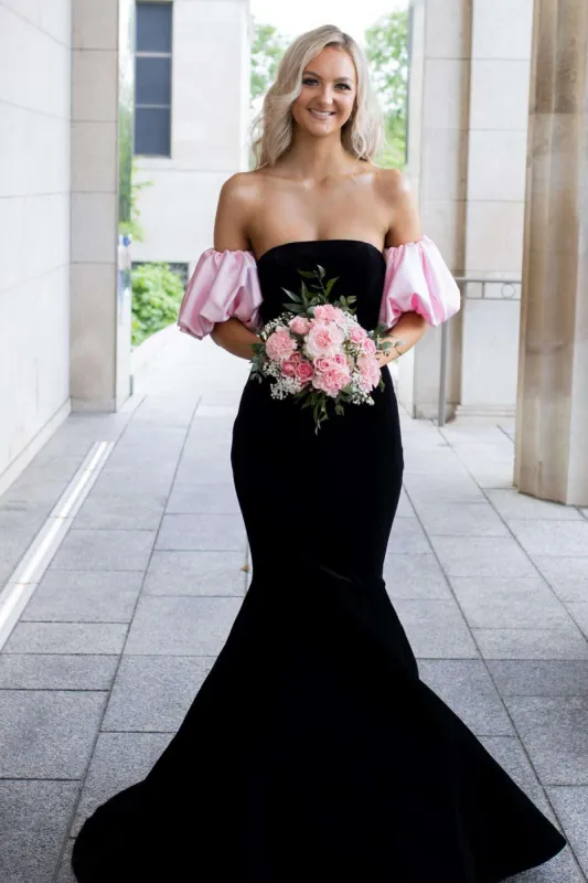 Calix | Black Mermaid Velvet Long Prom Dress with Detachable Sleeves sold by KissProm