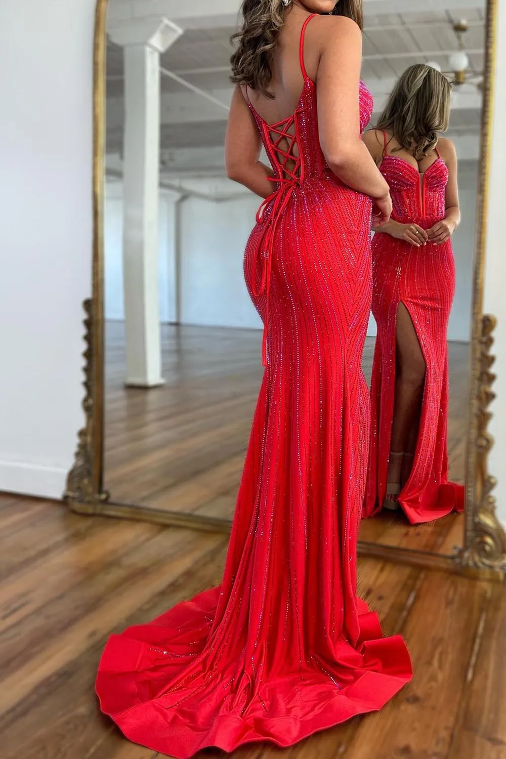 Mermaid Satin Beaded Red Prom Dress with Slit sold by KissProm product image thumbnail 2