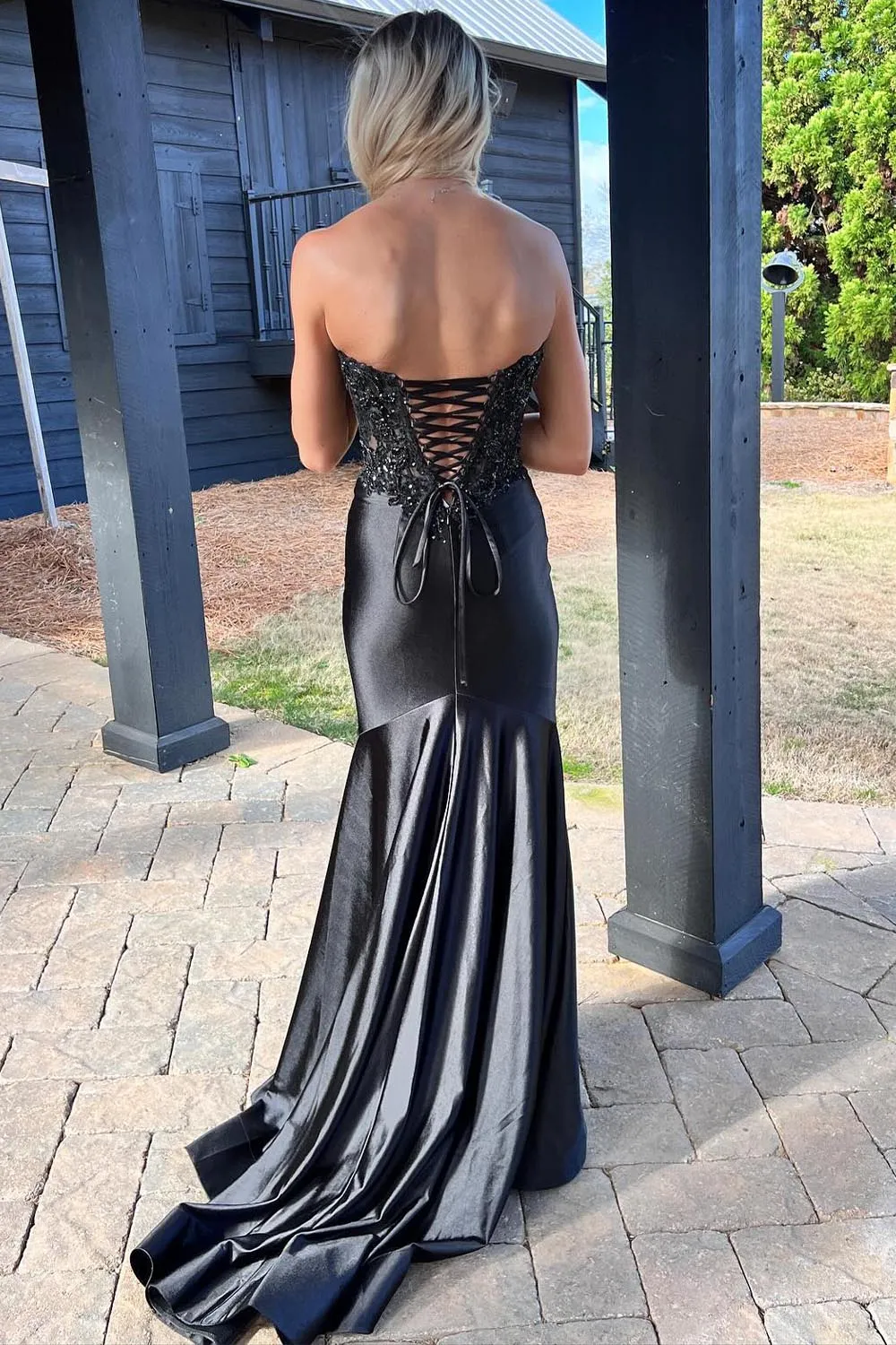 Mermaid Sweetheart Lace Satin Black Prom Dress with Slit sold by KissProm product image thumbnail 2