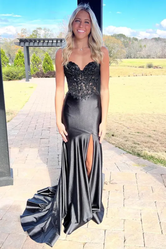 Donya | Mermaid Sweetheart Lace Satin Black Prom Dress with Slit sold by KissProm