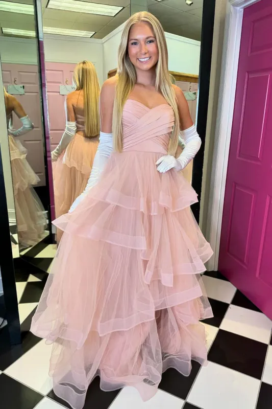 Stacia | A-Line Strapless Blush Pink Ruffle Tiered Tulle Long Prom Dresses sold by KissProm