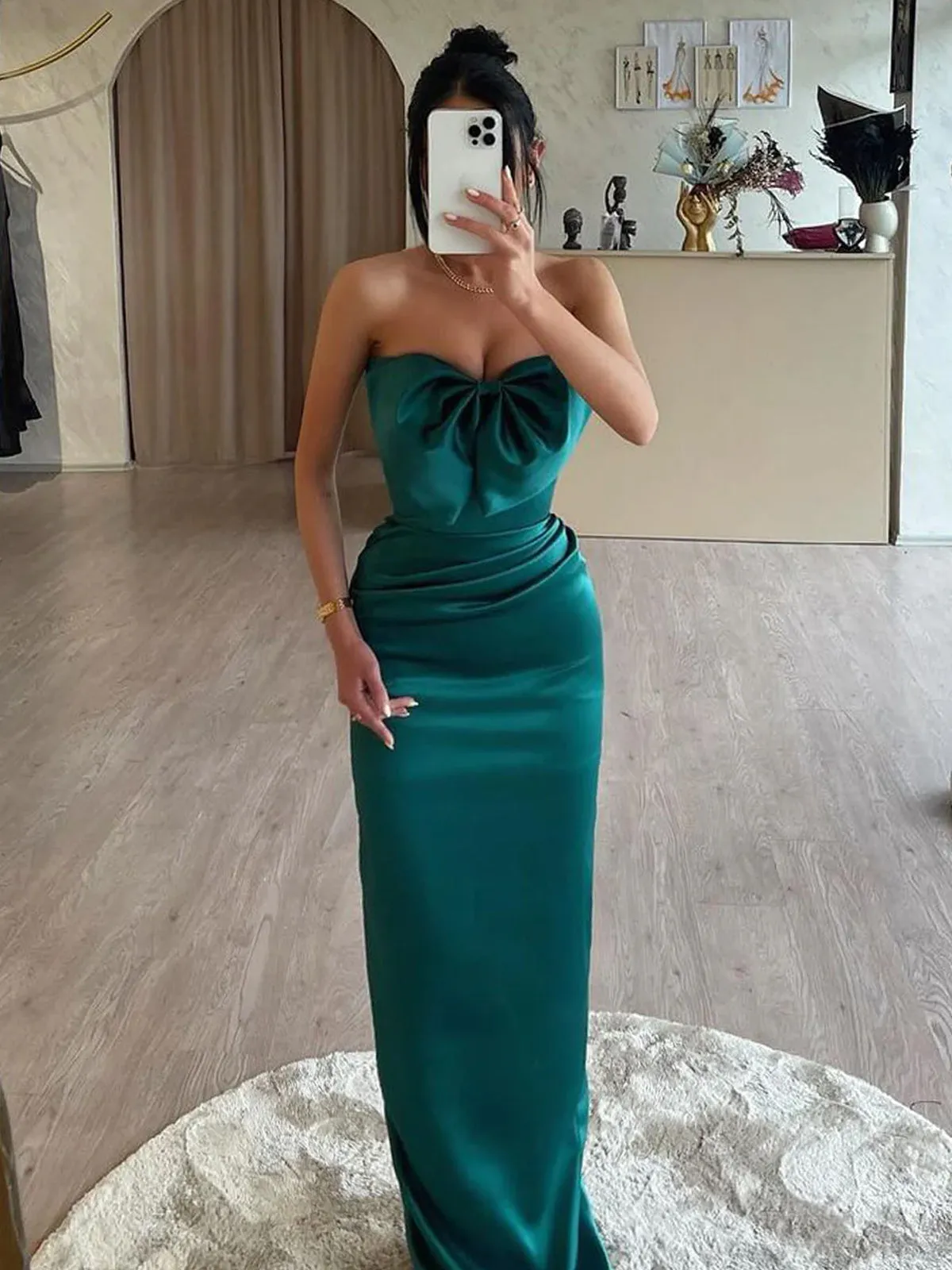 Mermaid Sweetheart Dark Green Satin Long Prom Dresses with Bow sold by KissProm