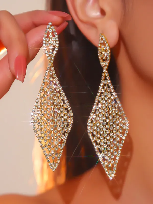 Geometric Rhombus Gold Simple Long Earrings with Rhinestones sold by KissProm