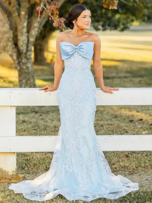 Arvin | Strapless Mermaid Lace Appliques Long Prom Dress with Bow sold by KissProm