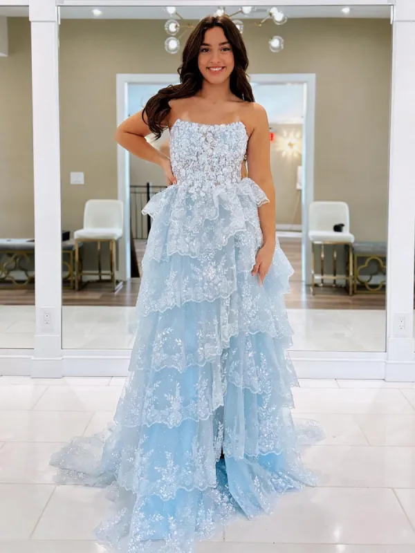Kaisa | Sky Blue A Line Strapless Ruffle Sequin Lace Prom Dresses sold by KissProm