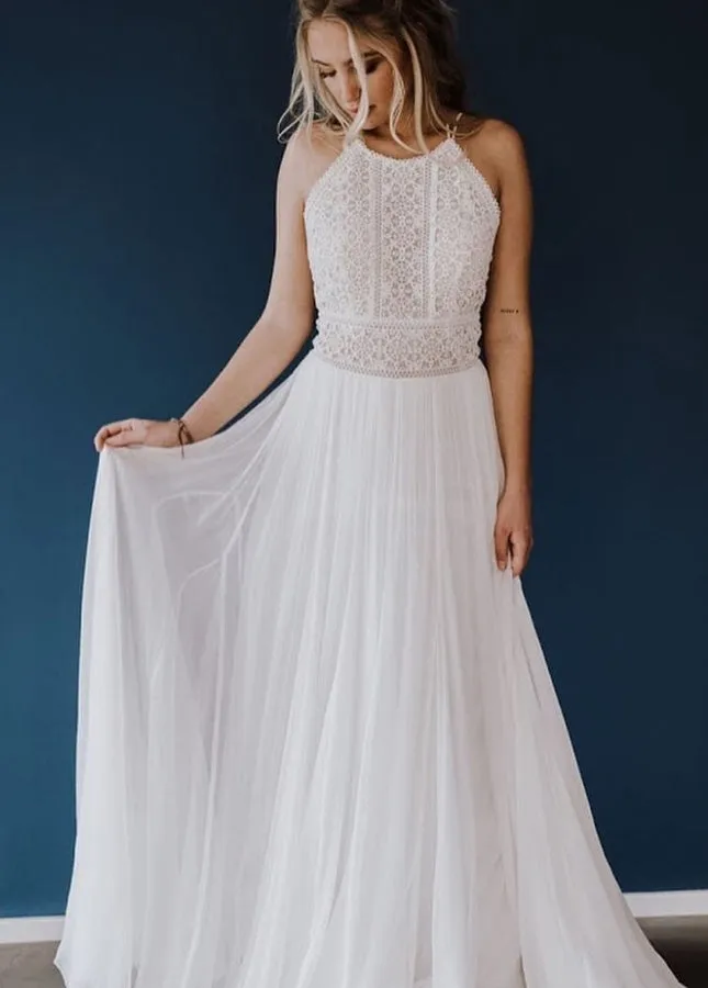 Beach Lace Chiffon Halter Sleeveless Open Back Wedding Dresses sold by KissProm