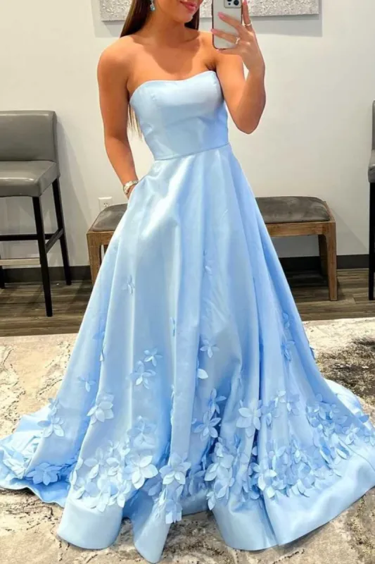 3D Flower Light Blue Strapless A-Line Prom Dress sold by KissProm