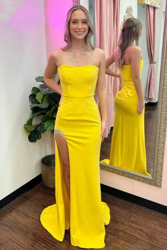Yellow Strapless Long Formal Dress with Slit sold by KissProm