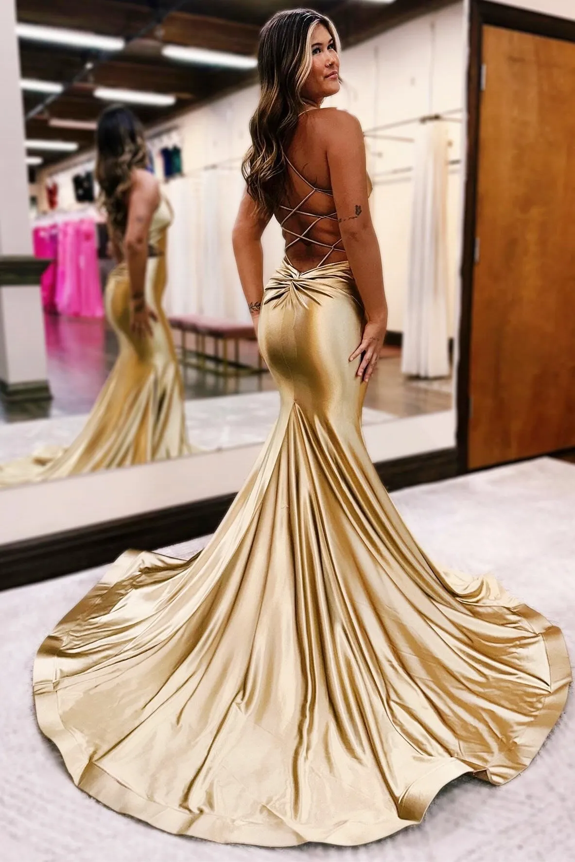 Gold V-Neck Lace-Up Trumpet Long Formal Dress sold by KissProm product image thumbnail 3
