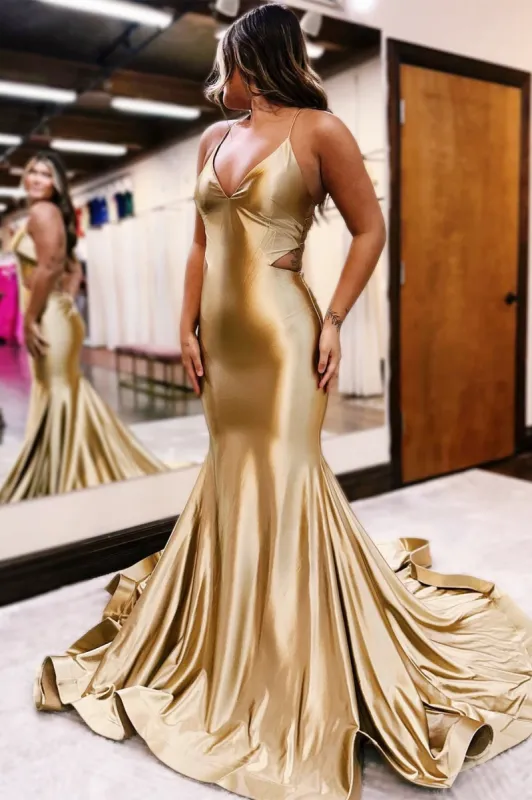 Gold V-Neck Lace-Up Trumpet Long Formal Dress sold by KissProm