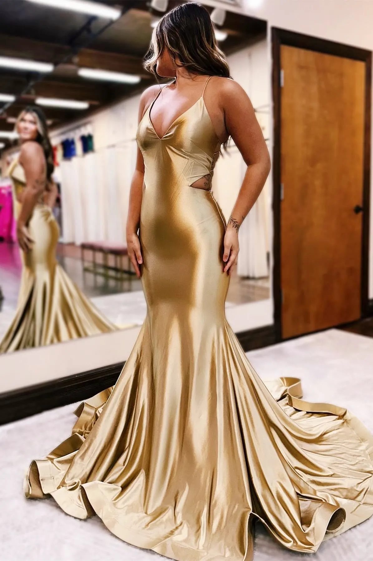 Gold V-Neck Lace-Up Trumpet Long Formal Dress sold by KissProm