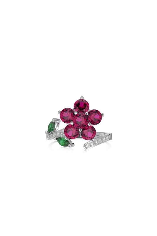 Red Flower Green Leaves Silver Wrap Ring sold by KissProm