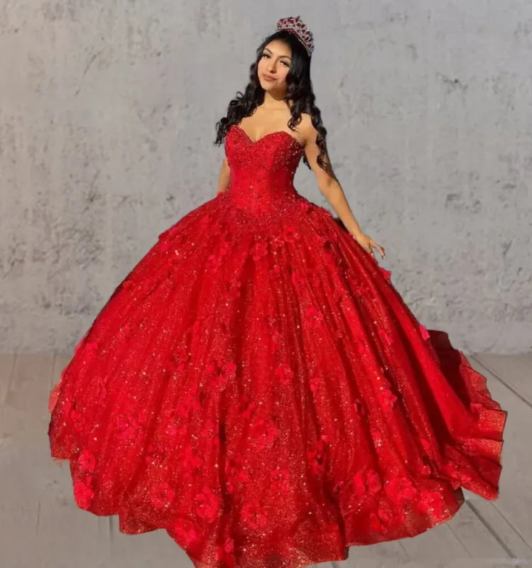 Red 3D Flowers Glitter Sequins Sleeveless Quinceanera Dresses sold by KissProm