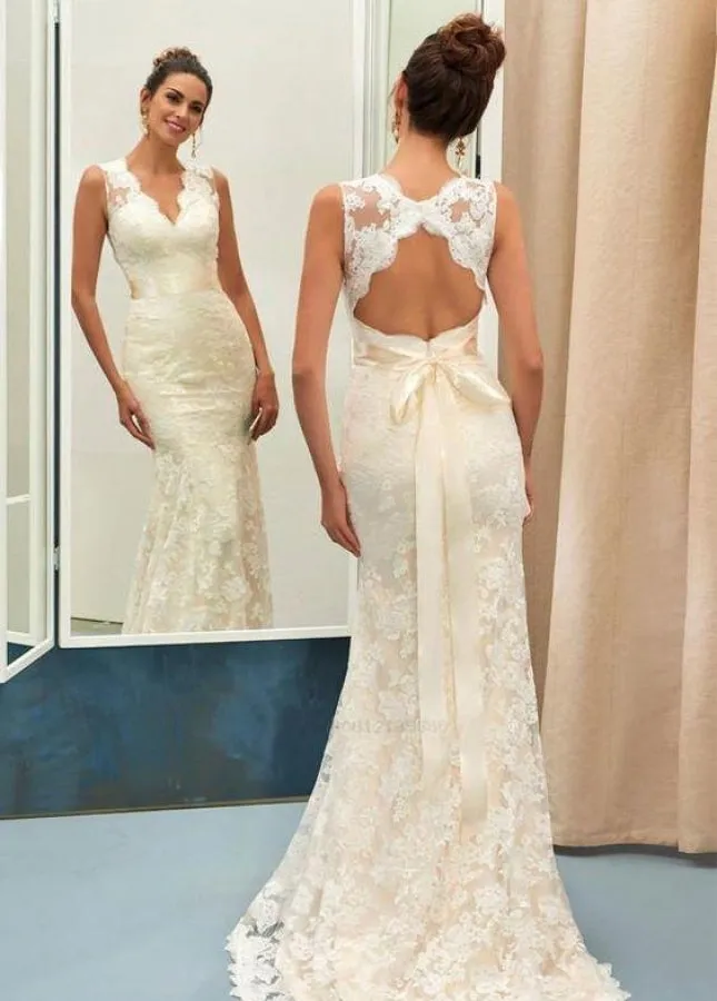 Classic Mermaid V-Neck White Lace Backless Wedding Bridal Dress sold by KissProm product image thumbnail 5