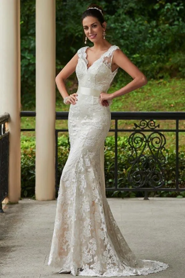 Classic Mermaid V-Neck White Lace Backless Wedding Bridal Dress sold by KissProm