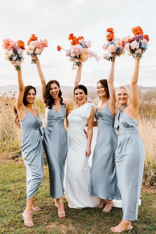 Elegant Sheath Halter Silk Satin Bridesmaid Dresses sold by KissProm