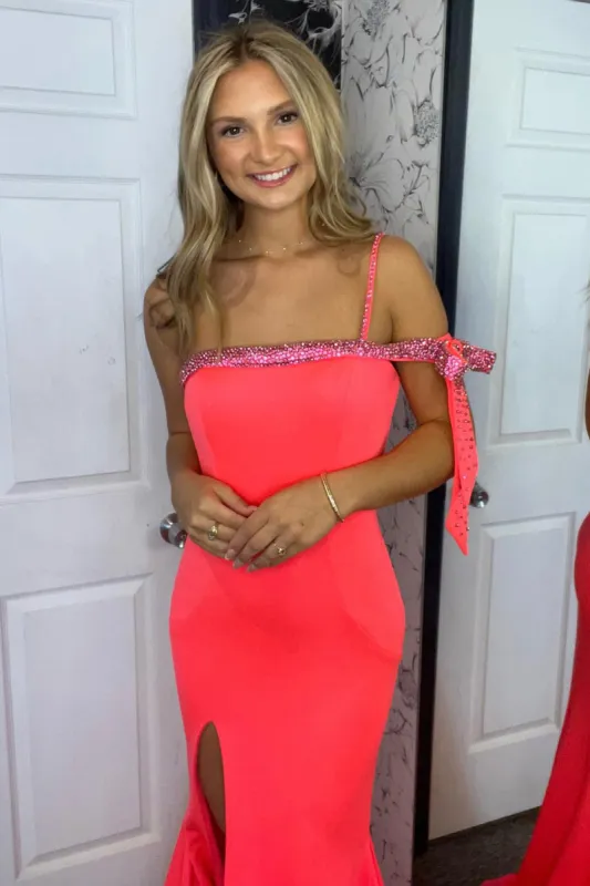 Coral Mermaid One Shoulder Beaded Long Prom Dress with Slit made by KissProm