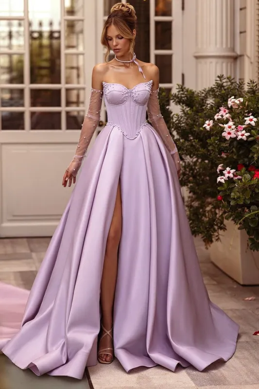 Lilac Sweetheart Satin A-Line Long Corset Prom Dress with Slit (Gloves are not Included) sold by KissProm