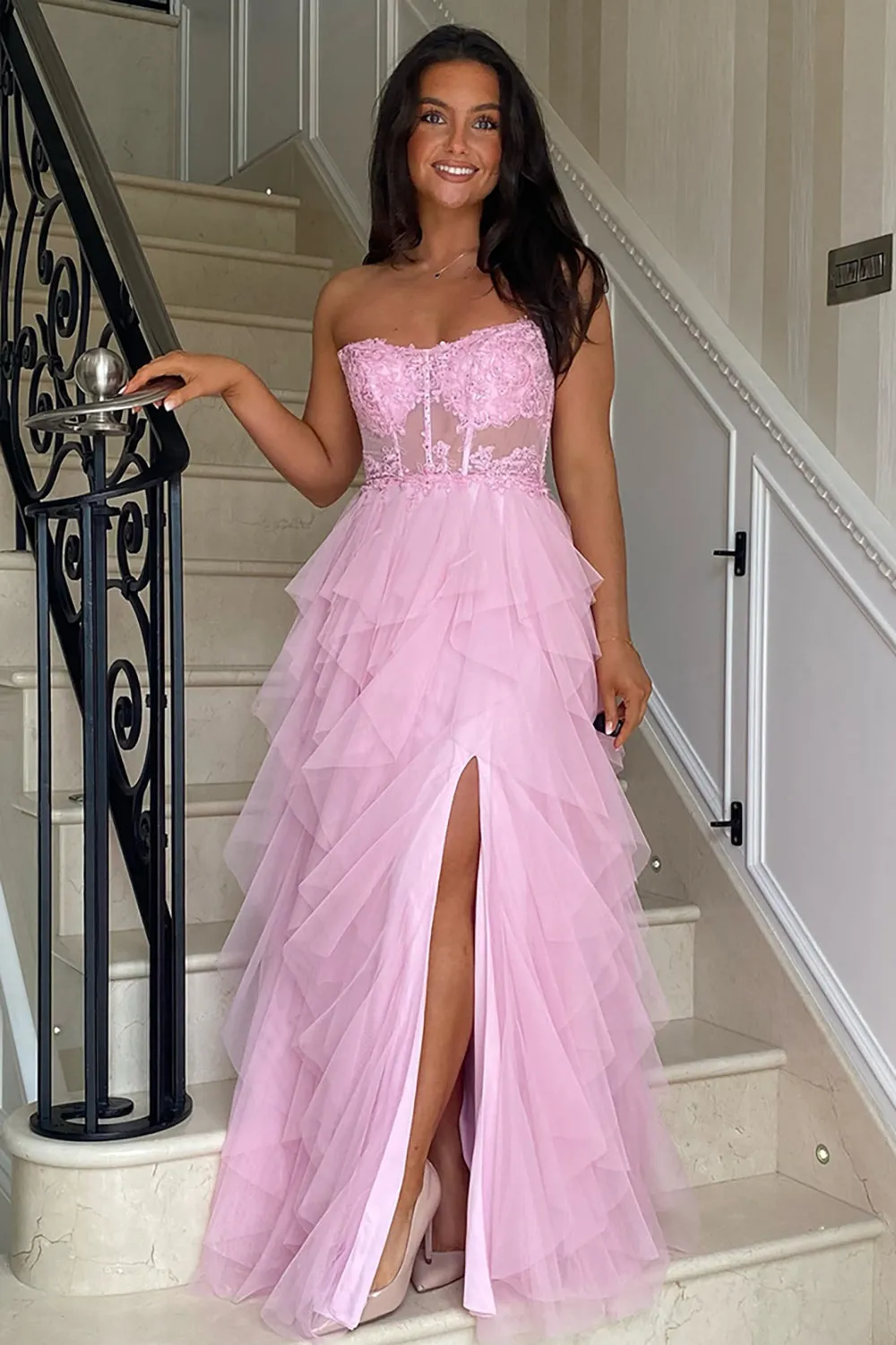 Blush Strapless A-Line Tulle Tiered Long Corset Prom Dress with Appliques sold by KissProm