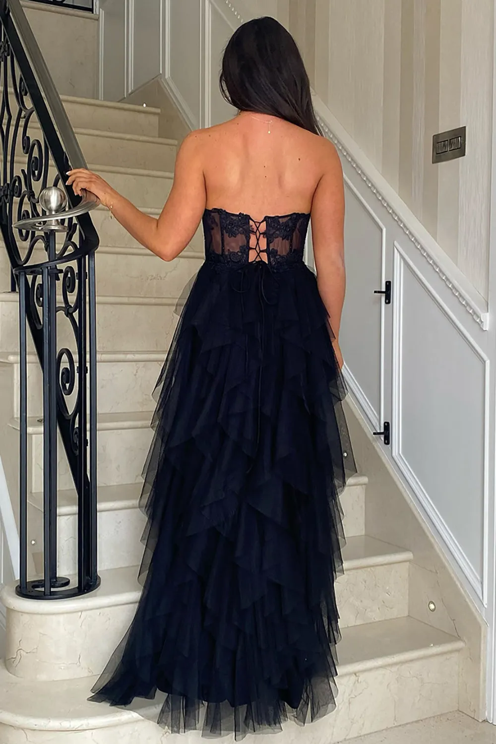 Blush Strapless A-Line Tulle Tiered Long Corset Prom Dress with Appliques sold by KissProm product image thumbnail 5