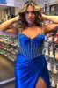 Glitter Royal Blue Satin Mermaid Spaghetti Straps Long Corset Prom Dress with Beading sold by KissProm
