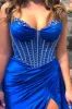 Glitter Royal Blue Satin Mermaid Spaghetti Straps Long Corset Prom Dress with Beading sold by KissProm