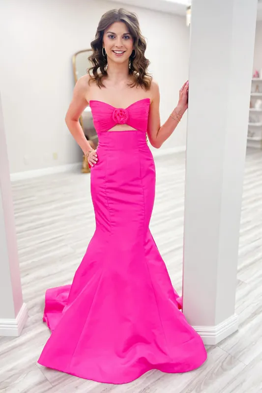 Fuchsia Sweetheart Mermaid Satin Cut-out Long Prom Dress sold by KissProm