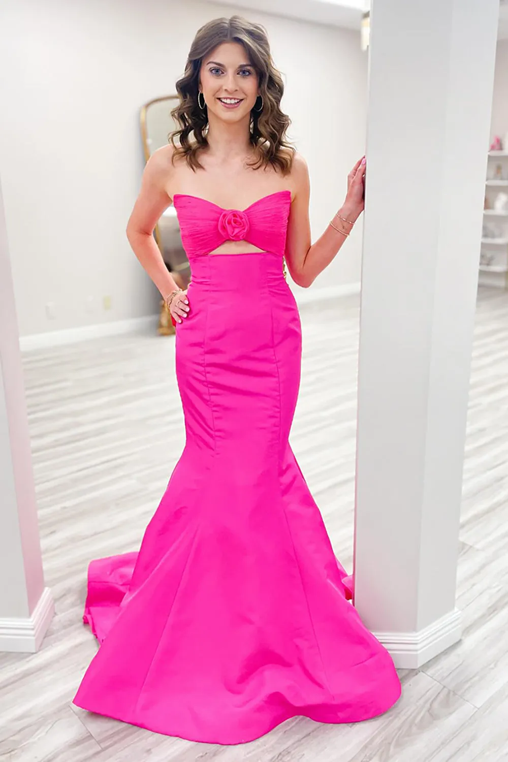 Fuchsia Sweetheart Mermaid Satin Cut-out Long Prom Dress sold by KissProm