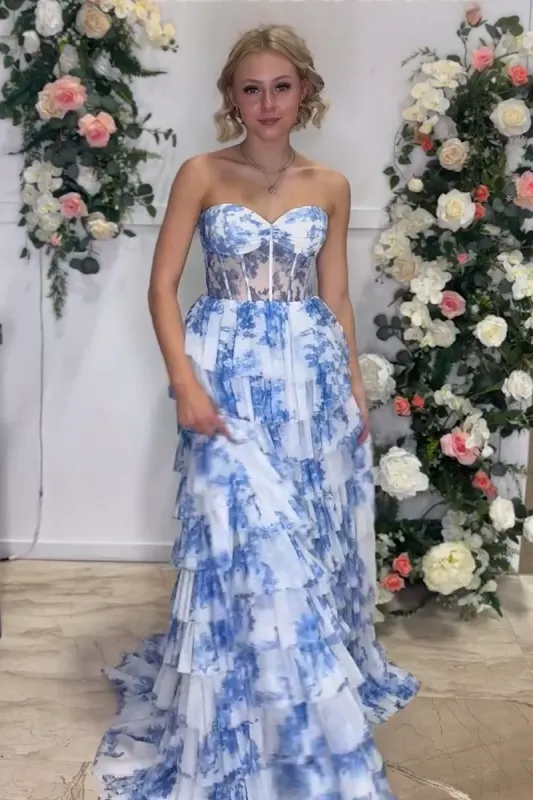Blue Floral Printed Sweetheart Chiffon Tiered A-Line Long Corset Prom Dress sold by KissProm