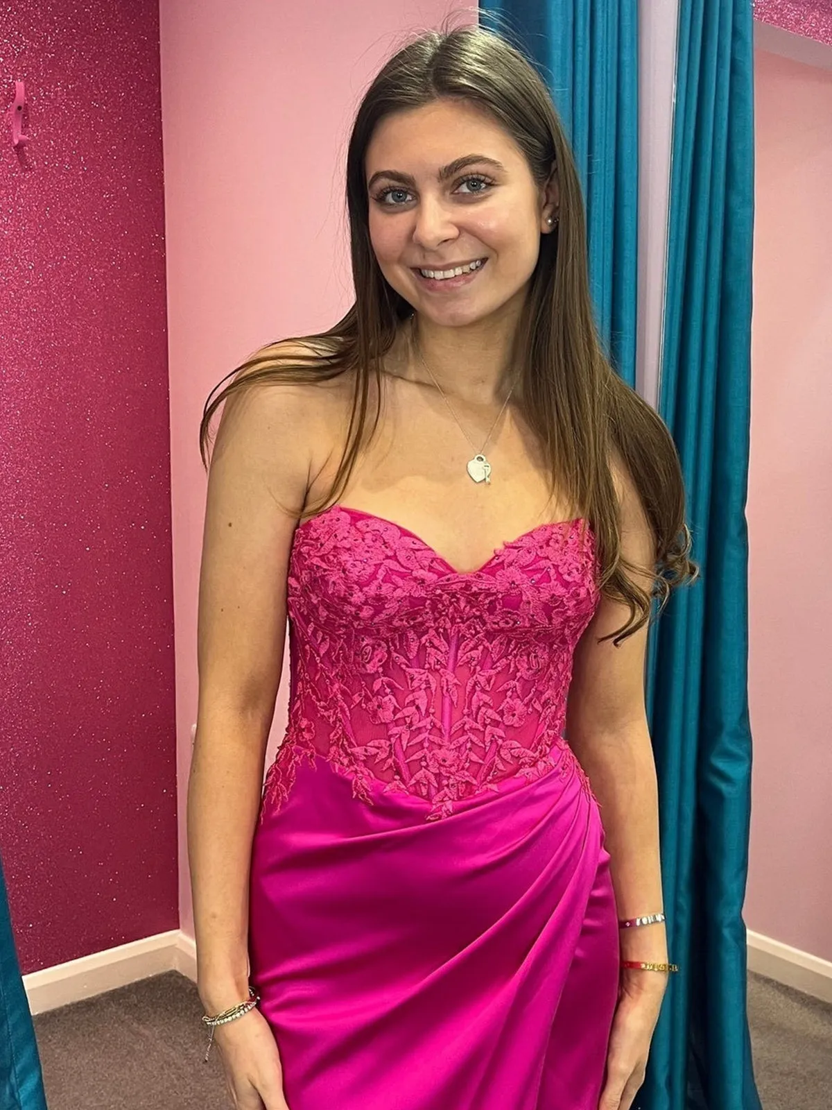 Trudy | Fuchsia Lace and Satin Ruched Mermaid Prom Dress sold by KissProm product image thumbnail 2