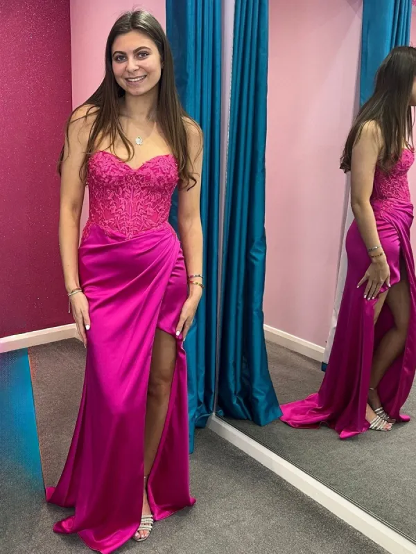 Trudy | Fuchsia Lace and Satin Ruched Mermaid Prom Dress sold by KissProm