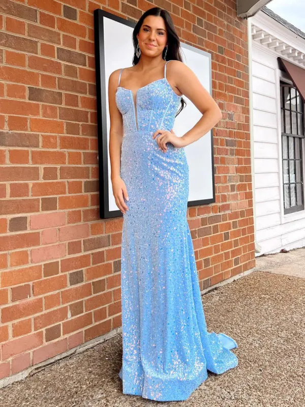 Winna | Mermaid Sky Blue Sequin Long Prom Dress sold by KissProm