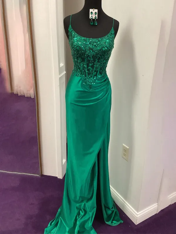 Dallas | Green Sheer Appliques Satin Mermaid Long Prom Dress sold by KissProm