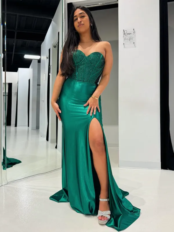 Joanni | Burgundy Beaded Sweetheart Mermaid Long Prom Dress sold by KissProm