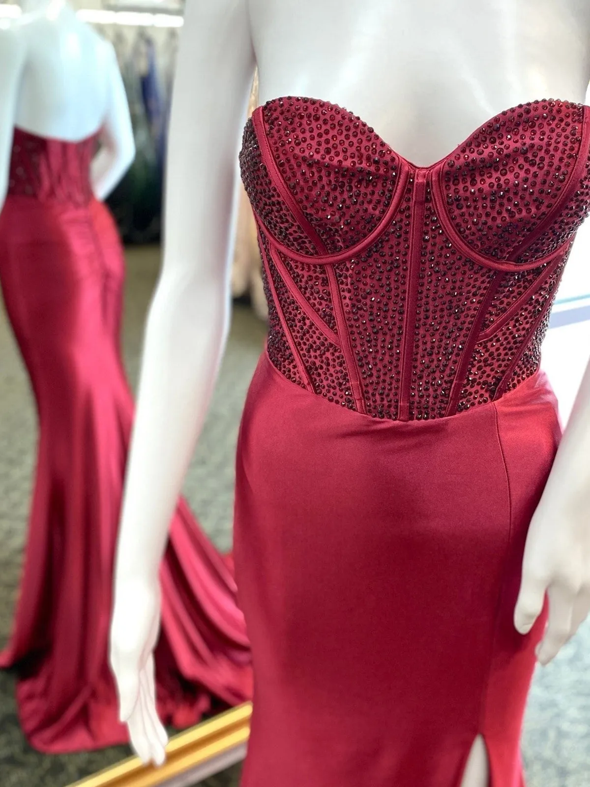 Joanni | Burgundy Beaded Sweetheart Mermaid Long Prom Dress sold by KissProm product image thumbnail 4