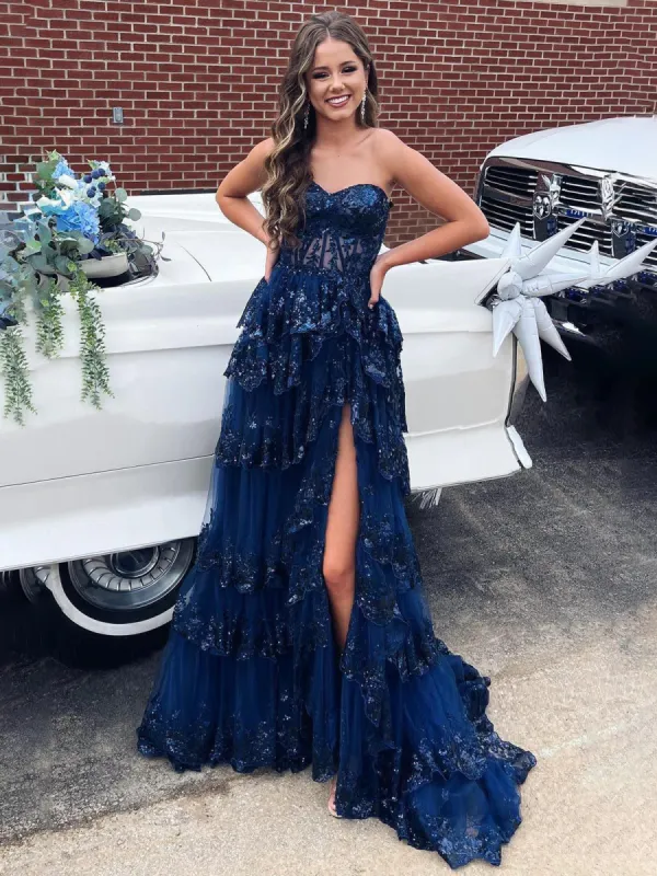 Sweetheart Navy Blue Appliques A-line Ruffle Long Prom Dress sold by KissProm