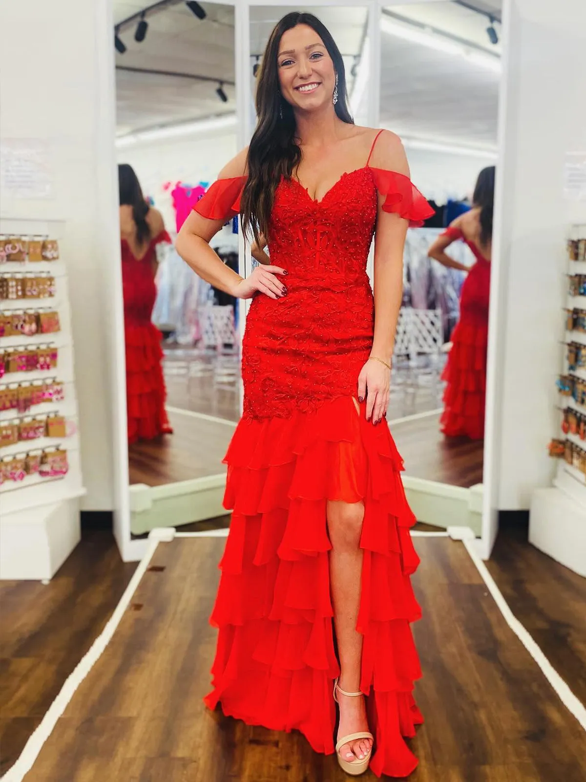 Kalel | Mermaid Cold Sleeves Red Lace Ruffle Prom Dress sold by KissProm