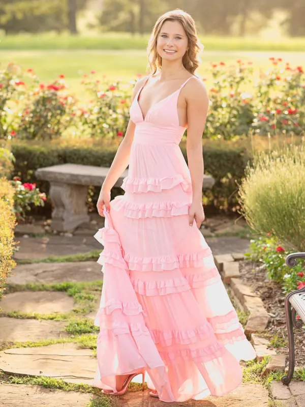 Madelynn | A Line Pink Chiffon Tiered Ruffles Long Prom Dress sold by KissProm