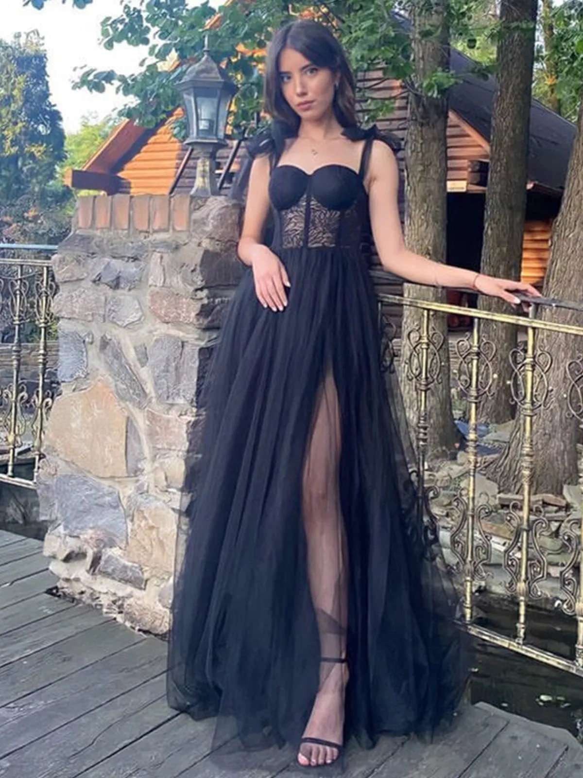 Maebi | A-line Black Lace Corset Tulle Long Prom Dress sold by KissProm