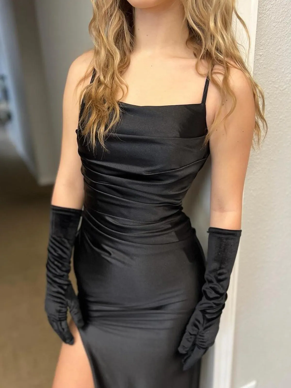 Merrilynne | Black Spaghetti Straps High Slit Mermaid Satin Pleated Prom Dress sold by KissProm product image thumbnail 3