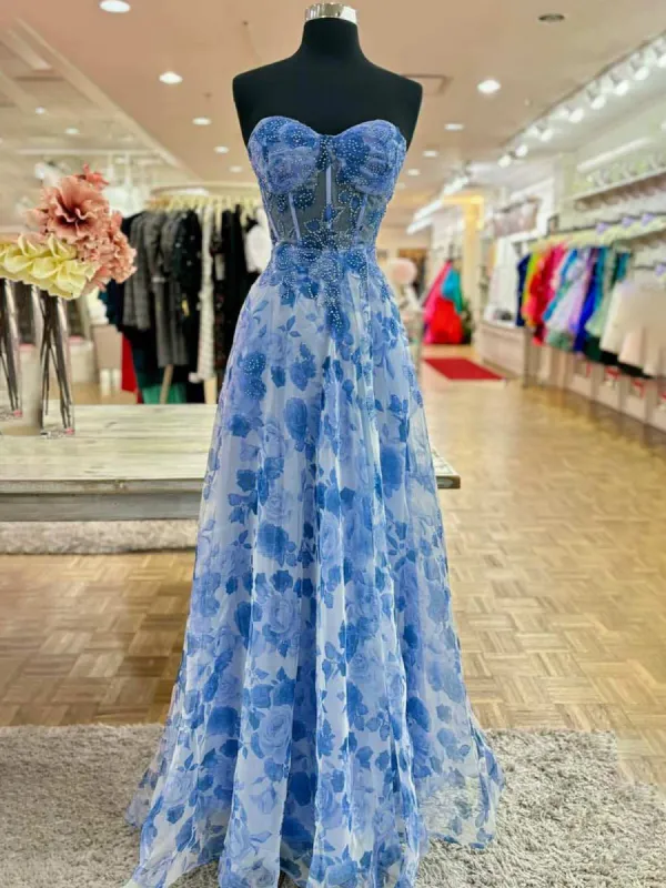 Tauri | Strapless Printing Sweetheart Beads A-Line Prom Dress sold by KissProm