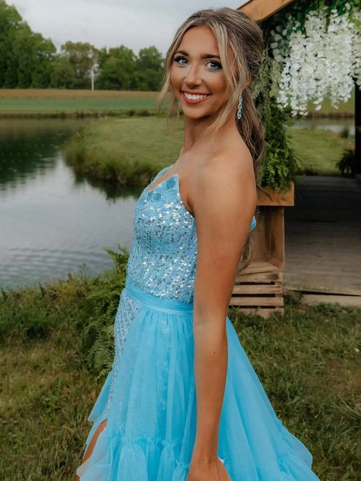 Marsai | Blue Strapless V-Neck A-Line Ruffles Tulle Long Prom Dress with Slit sold by KissProm product image thumbnail 4