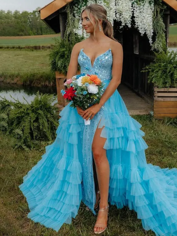 Marsai | Blue Strapless V-Neck A-Line Ruffles Tulle Long Prom Dress with Slit sold by KissProm