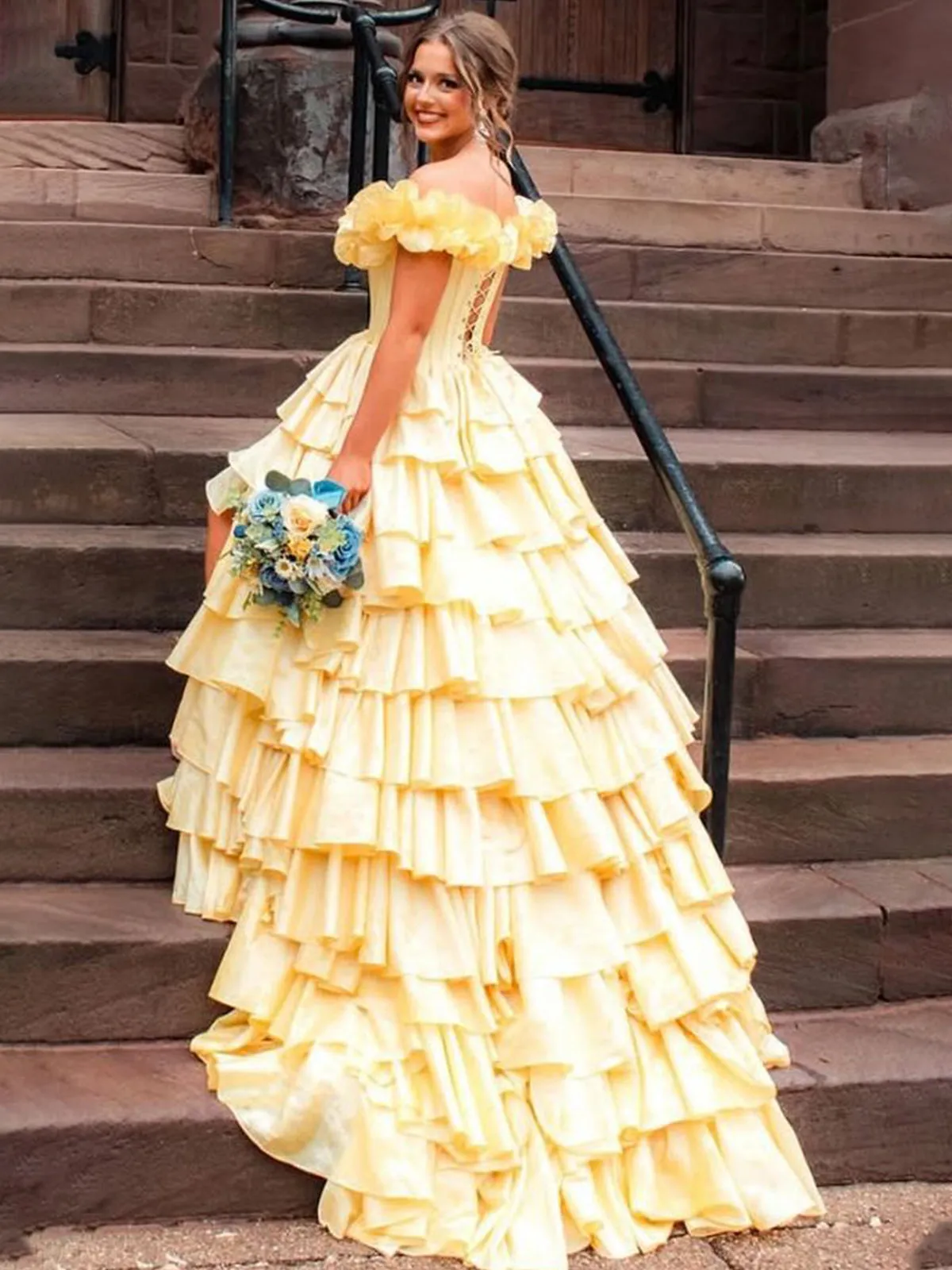 Madelynn | Off-Shoulder Ruched A-Line Layered Satin Prom Dress with Slit sold by KissProm product image thumbnail 2