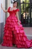 Madelynn | Off-Shoulder Ruched A-Line Layered Satin Prom Dress with Slit sold by KissProm