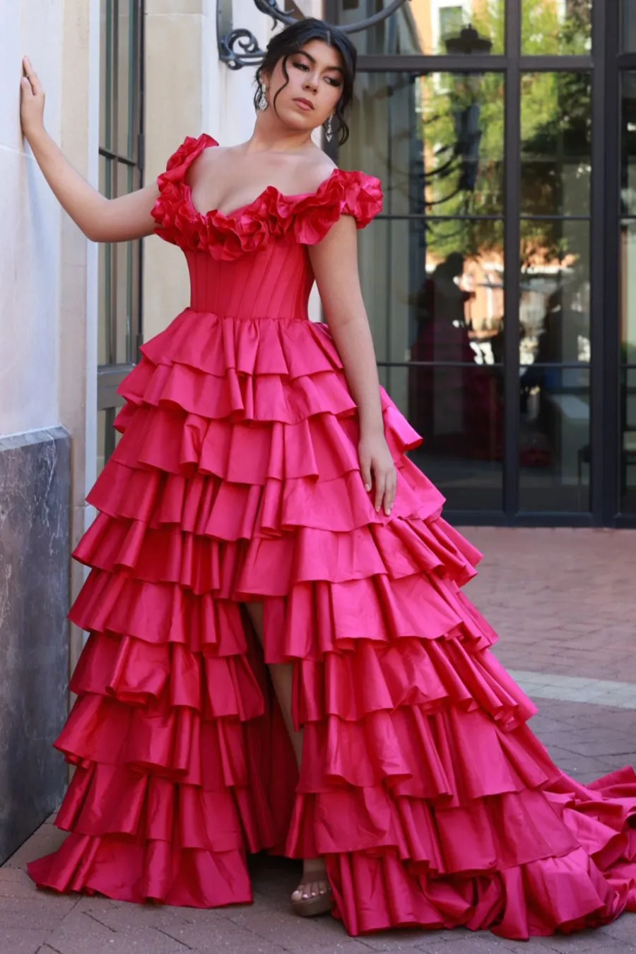 Madelynn | Off-Shoulder Ruched A-Line Layered Satin Prom Dress with Slit sold by KissProm product image thumbnail 5